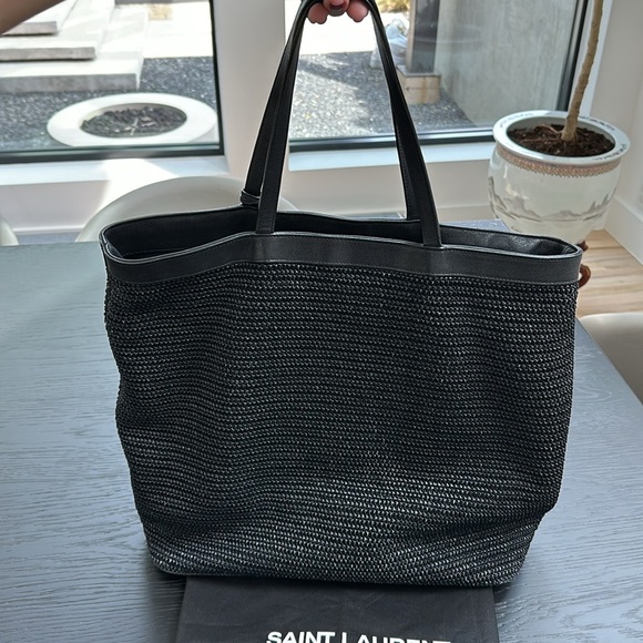 Saint Laurent Patti Large Leather-trimmed Black Raffia/Leather Tote - Picture 9 of 12